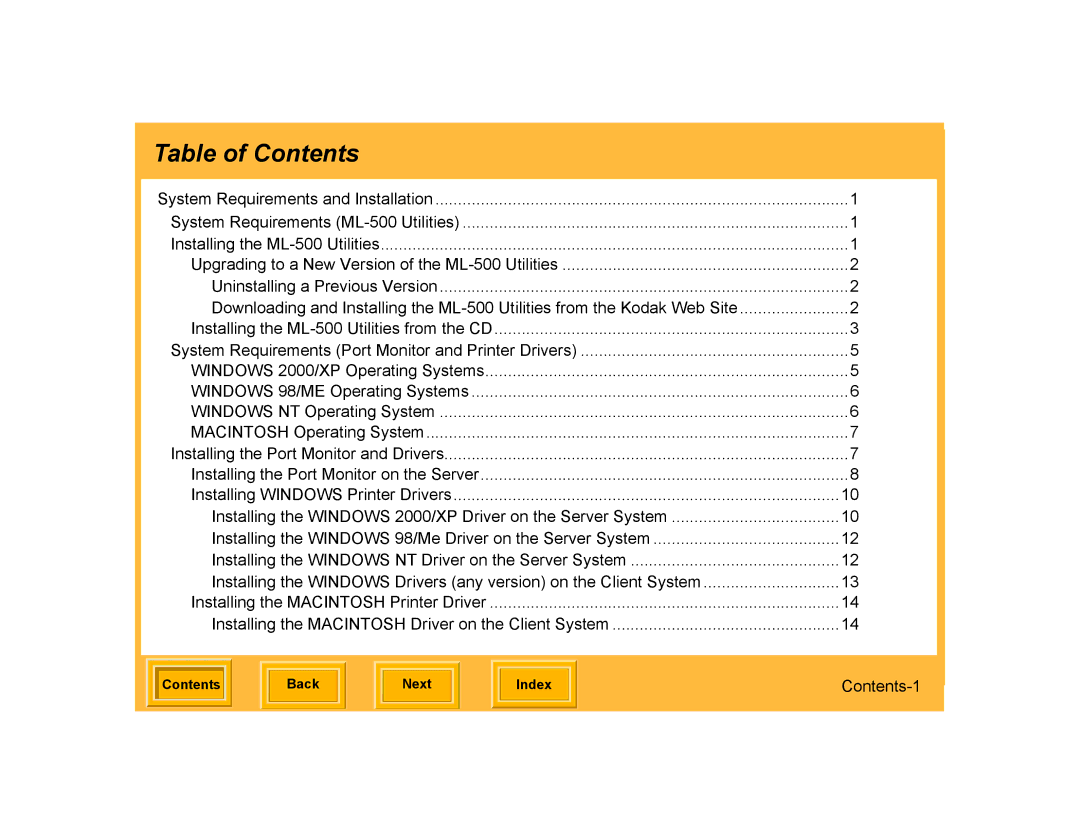 Kodak ML-500 manual Table of Contents 