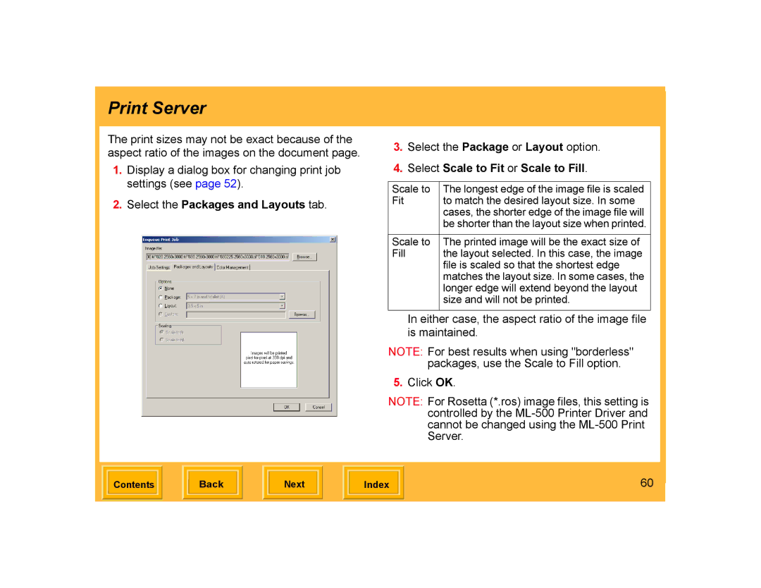 Kodak ML-500 manual Select the Packages and Layouts tab, Select Scale to Fit or Scale to Fill 