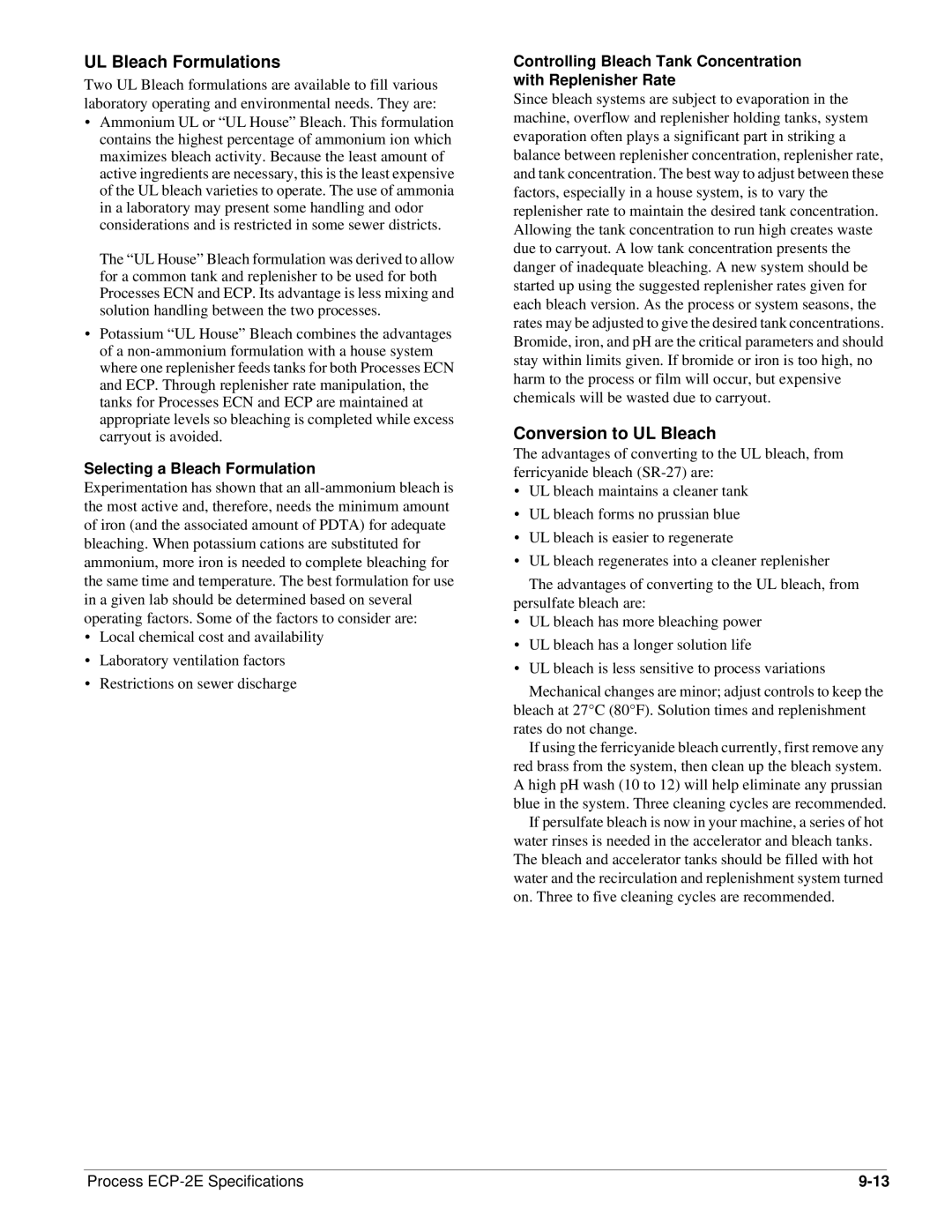 Kodak Module 9 specifications UL Bleach Formulations, Conversion to UL Bleach, Selecting a Bleach Formulation 