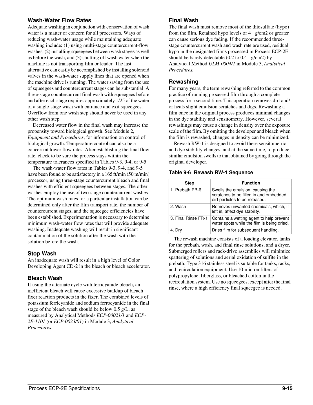 Kodak Module 9 specifications Wash-Water Flow Rates, Stop Wash, Bleach Wash, Final Wash, Rewashing 