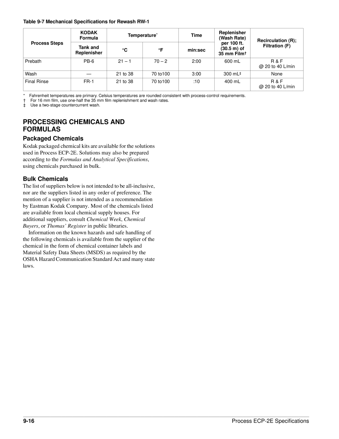 Kodak Module 9 specifications Processing Chemicals Formulas, Packaged Chemicals, Bulk Chemicals 