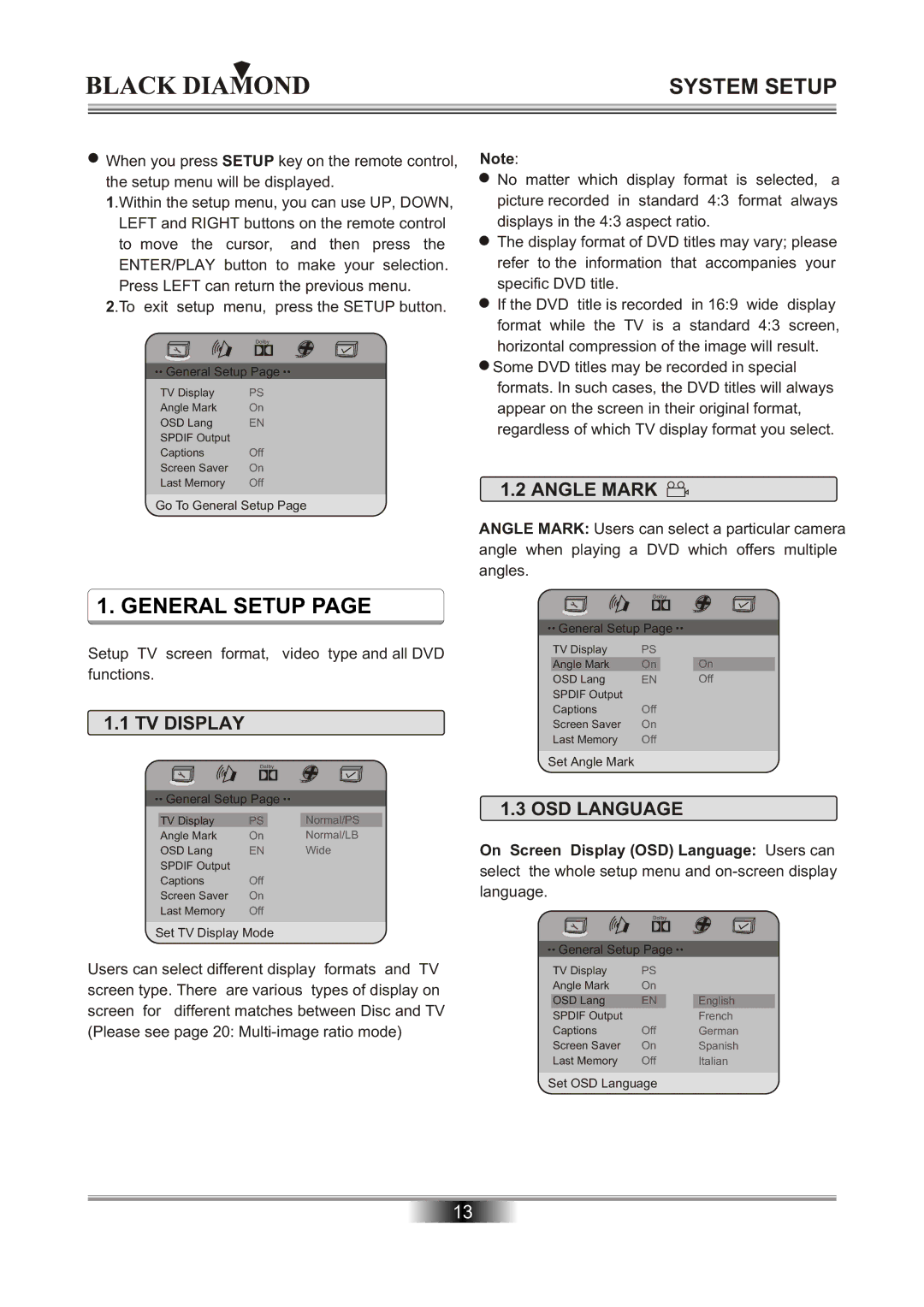 Kodak MP6000 owner manual System Setup, TV Display, Angle Mark, OSD Language 