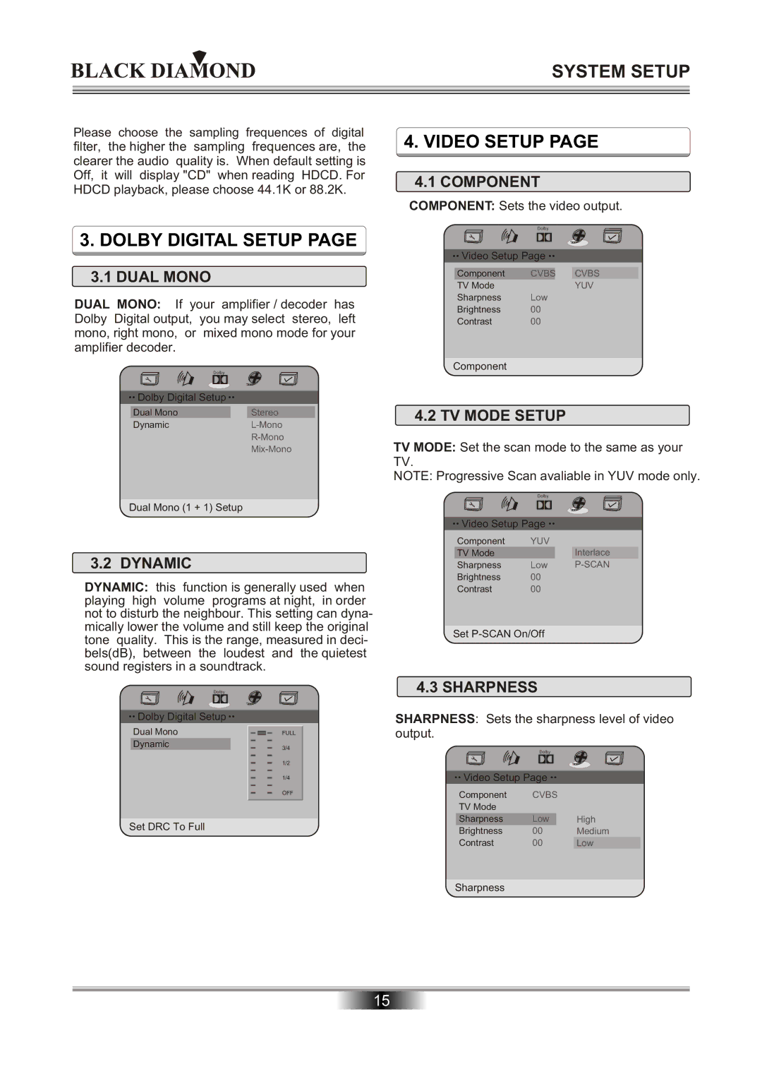 Kodak MP6000 owner manual Component, Dual Mono, TV Mode Setup, Dynamic, Sharpness 