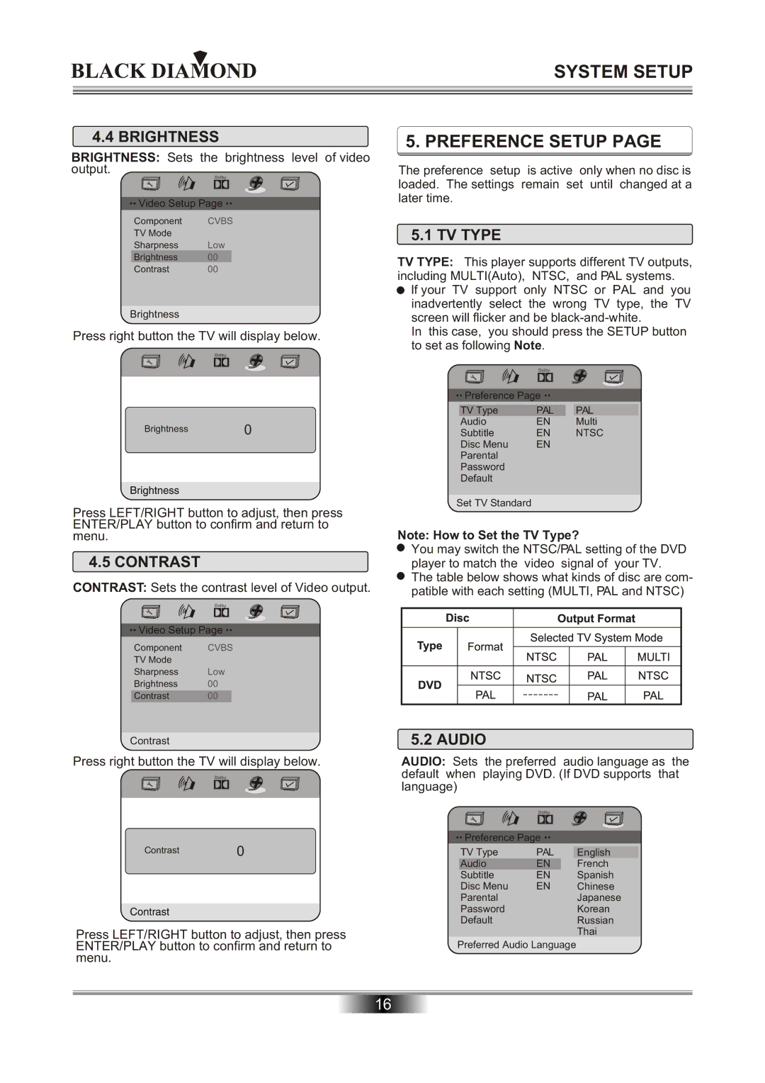 Kodak MP6000 owner manual BRlGHTNESS, Contrast, TV Type, Audio 