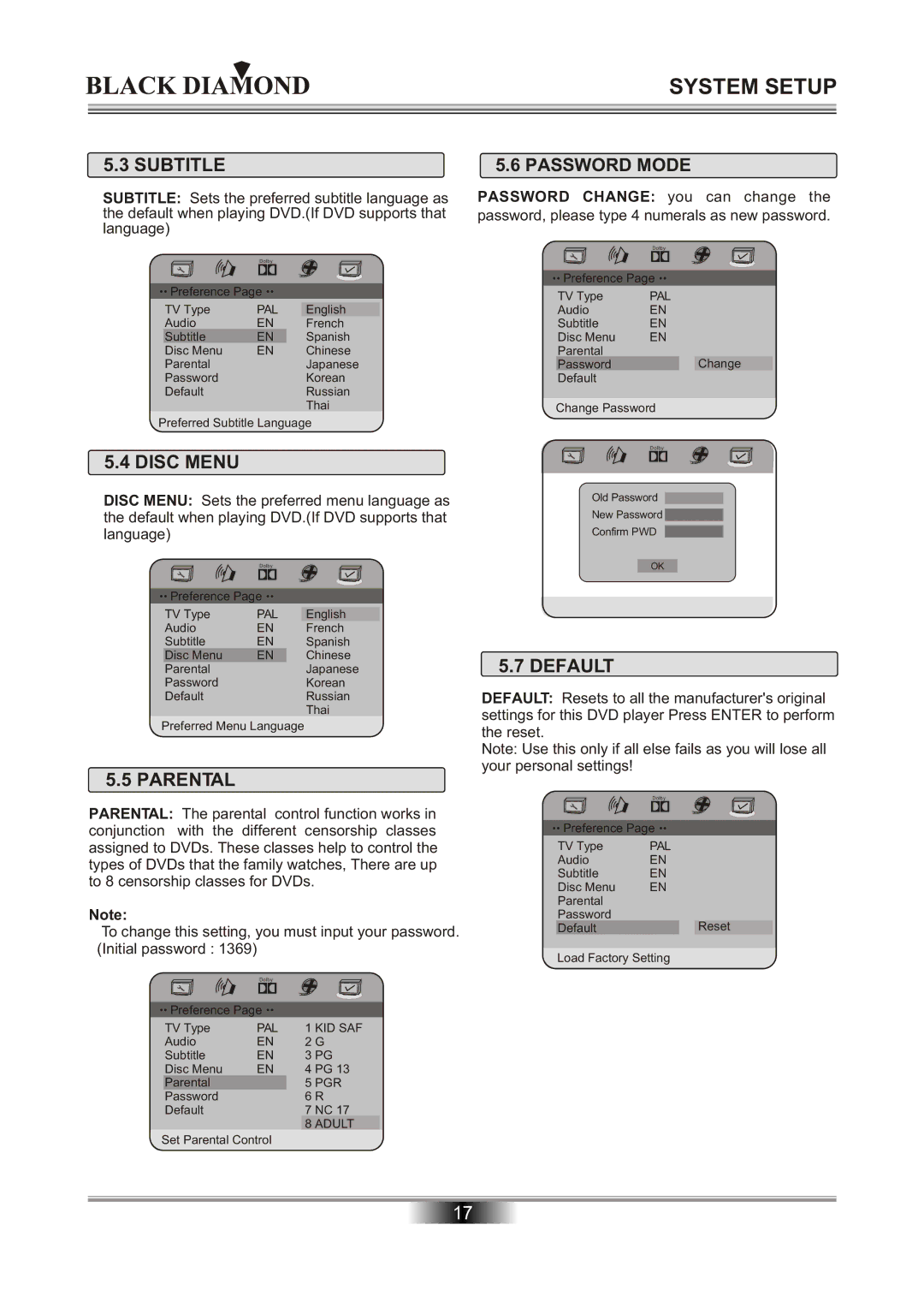 Kodak MP6000 owner manual Subtitle, Disc Menu, Password Mode, Parental, Default 