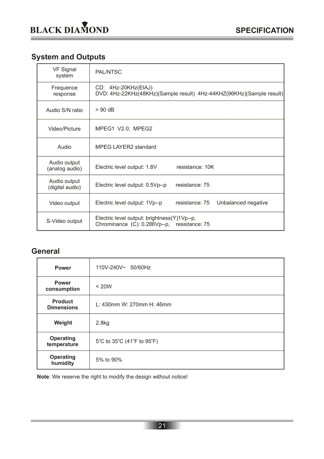 Kodak MP6000 owner manual Specification, System and Outputs, General 