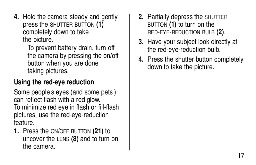 Kodak NY 14650 manual Using the red-eye reduction, Partially depress the Shutter Button 1 to turn on 