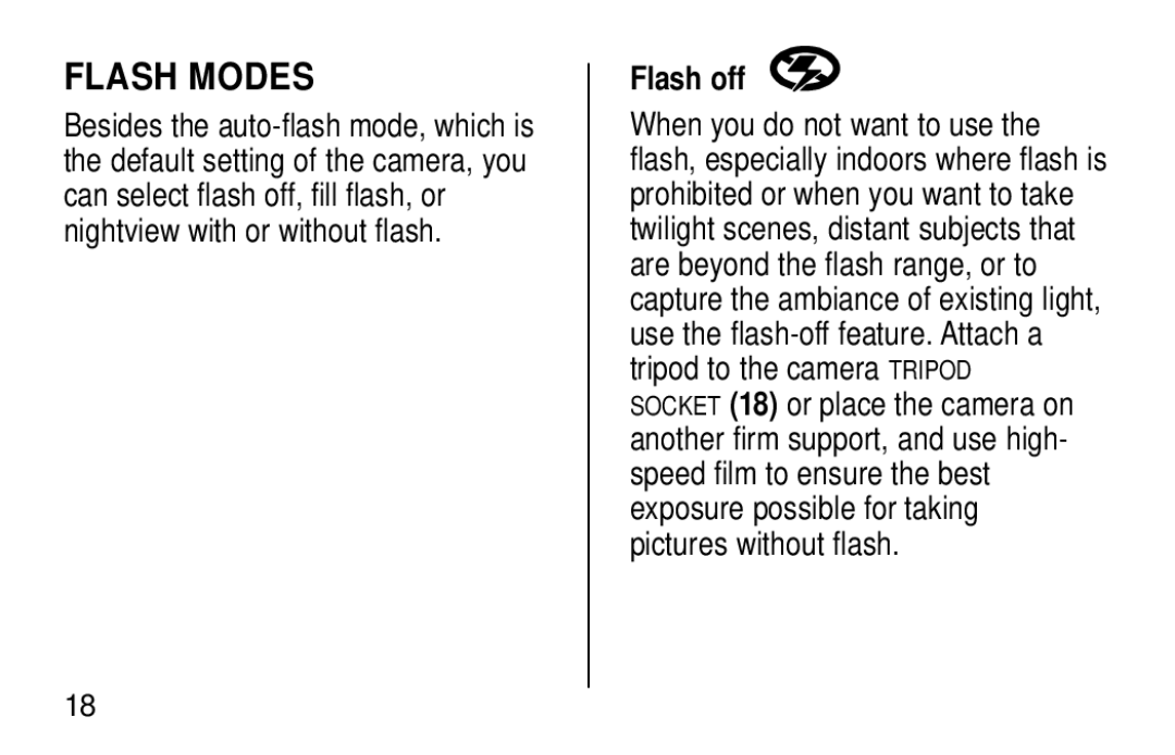 Kodak NY 14650 manual Flash Modes, Flash off 