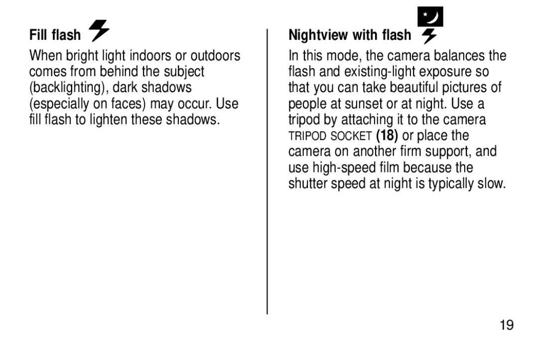 Kodak NY 14650 manual Fill flash, Nightview with flash 