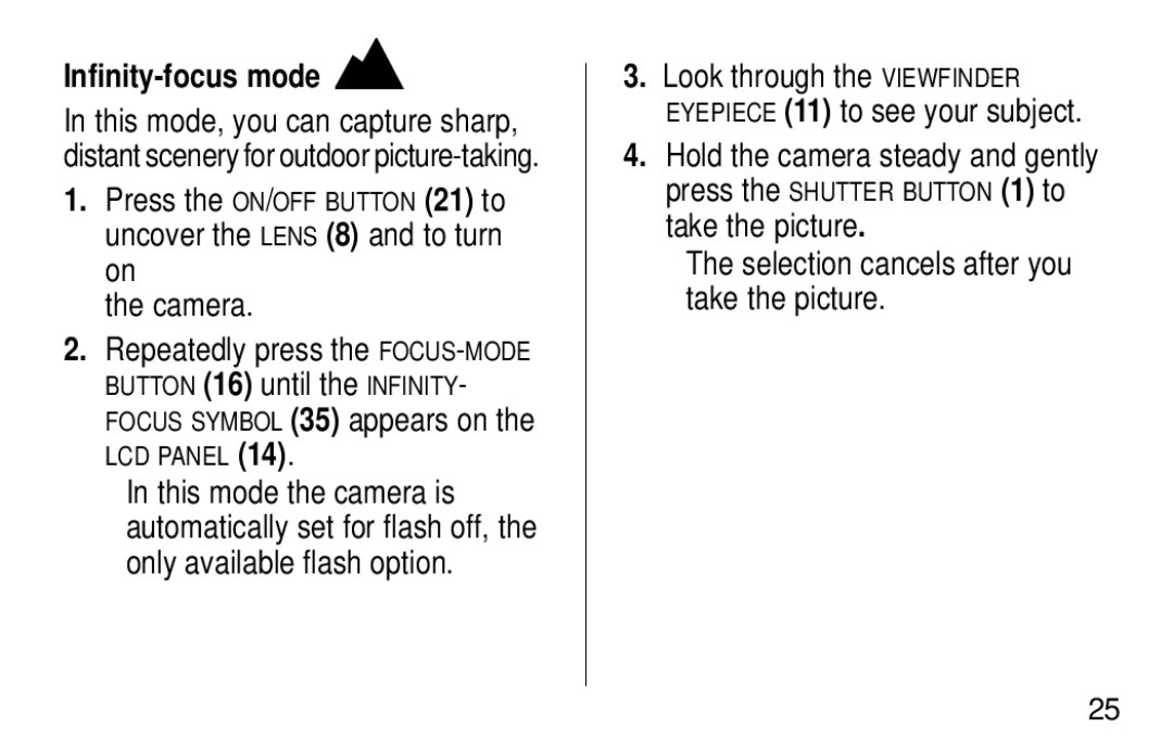 Kodak NY 14650 manual Infinity-focus mode, Camera Repeatedly press the FOCUS-MODE 