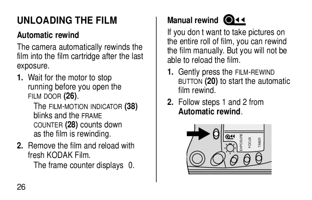 Kodak NY 14650 manual Unloading the Film, Automatic rewind, Manual rewind 