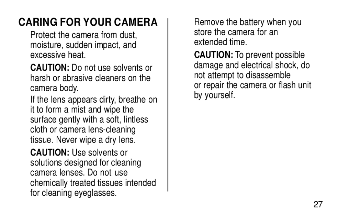 Kodak NY 14650 manual Caring for Your Camera 