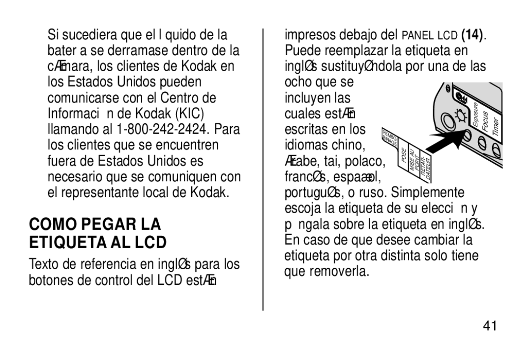 Kodak NY 14650 manual Como Pegar LA Etiqueta AL LCD, Ocho que se Incluyen las, Cuales están Escritas en los, Idiomas chino 