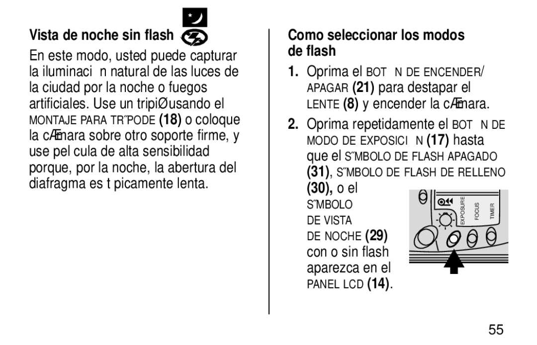 Kodak NY 14650 manual Vista de noche sin flash, Como seleccionar los modos de flash 