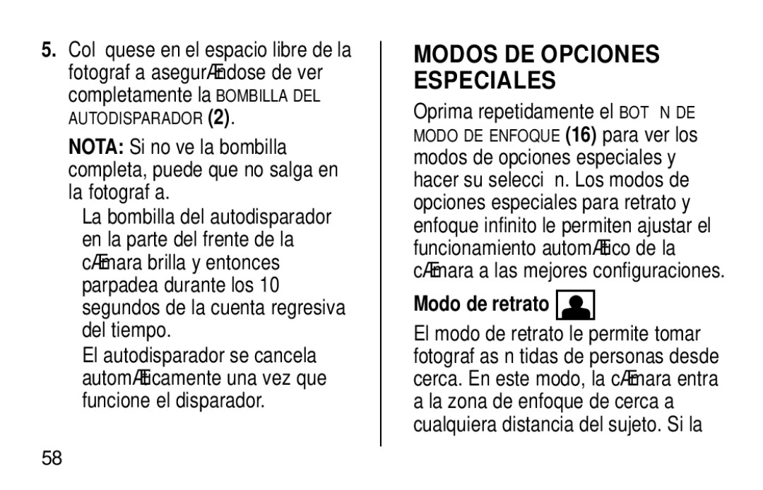 Kodak NY 14650 manual Modos DE Opciones Especiales, Modo de retrato 