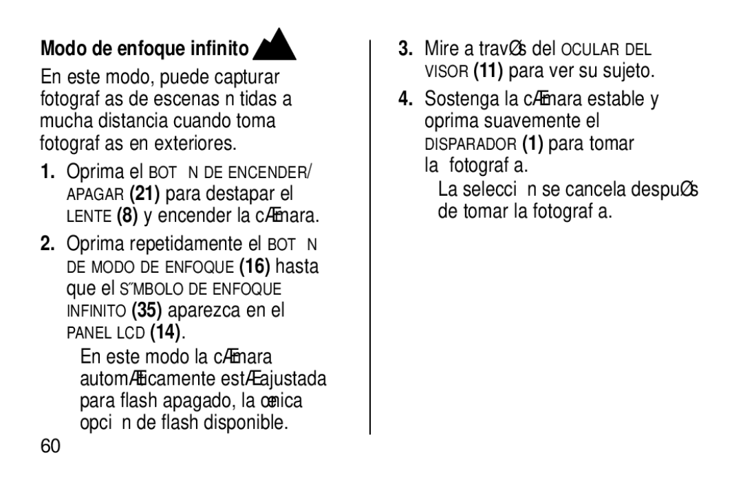 Kodak NY 14650 manual Modo de enfoque infinito 