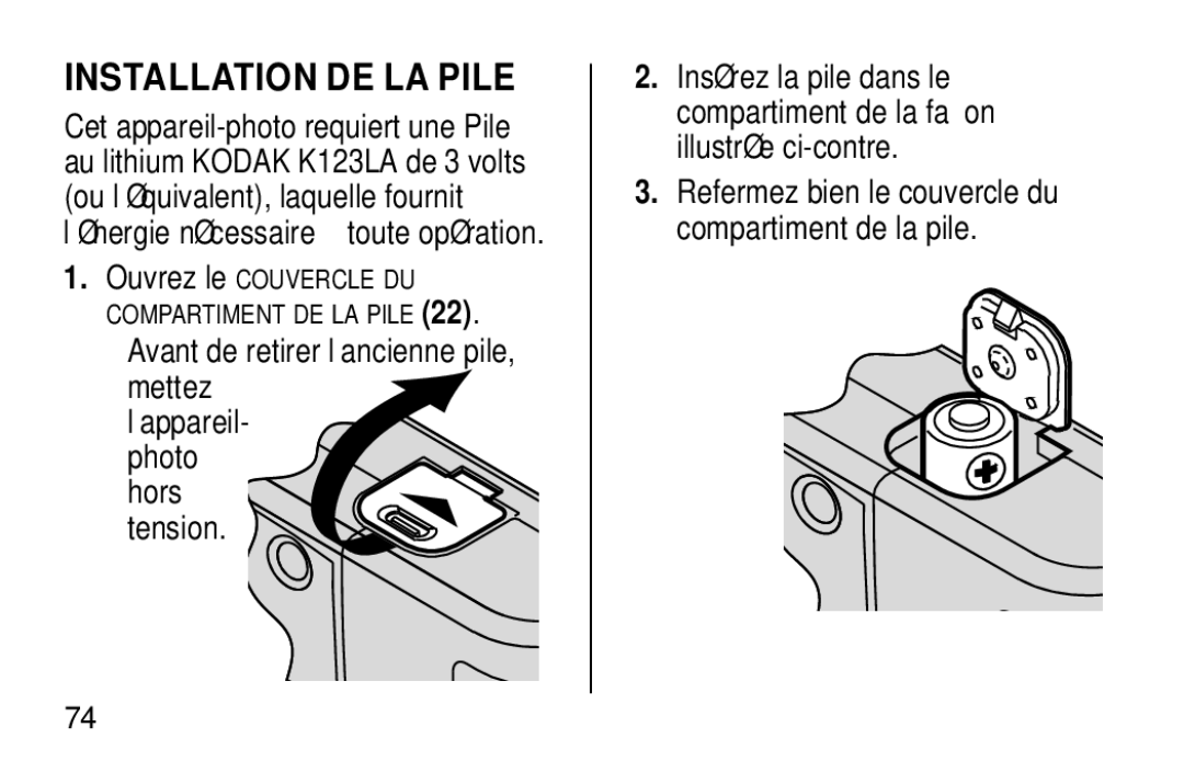 Kodak NY 14650 manual Installation DE LA Pile 