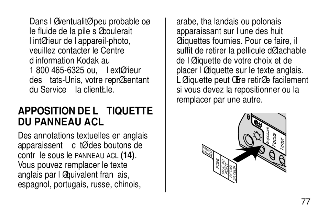 Kodak NY 14650 manual Apposition DE L’É Tiquette DU Panneau ACL 