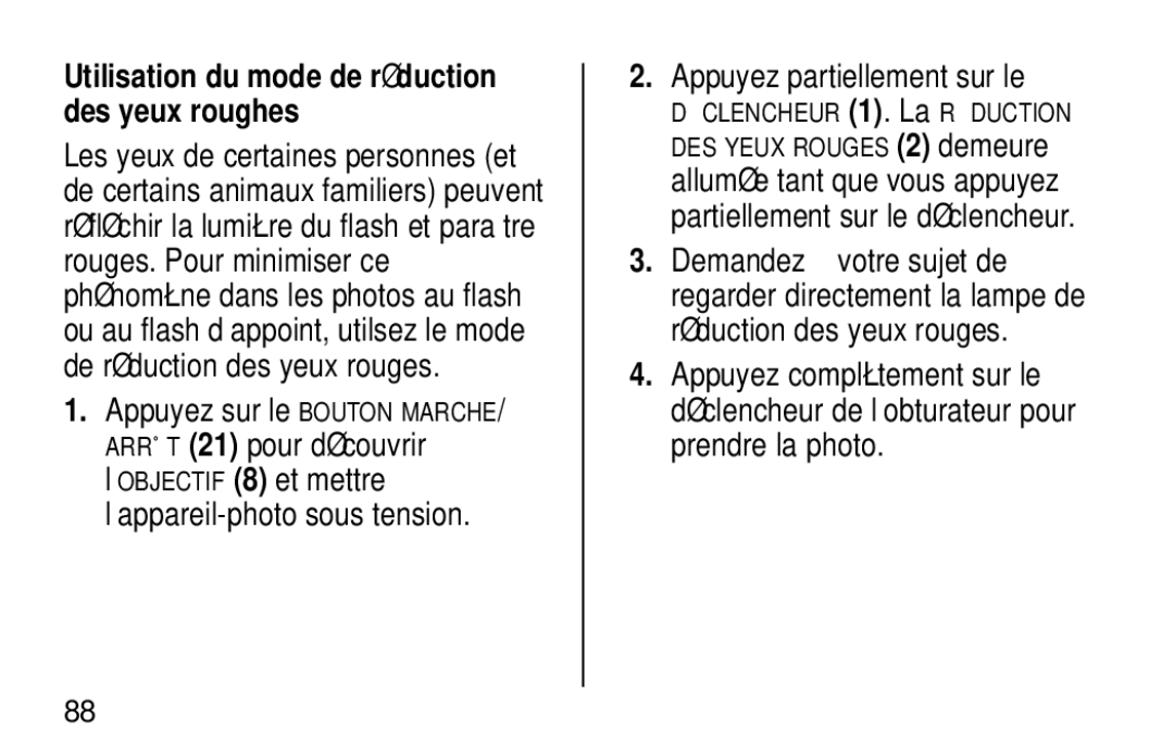 Kodak NY 14650 manual Appuyez partiellement sur le, Utilisation du mode de réduction des yeux roughes 