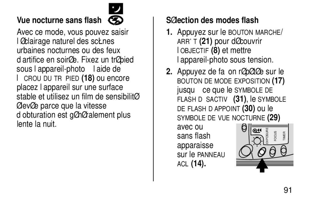 Kodak NY 14650 manual Vue nocturne sans flash, Sélection des modes flash 