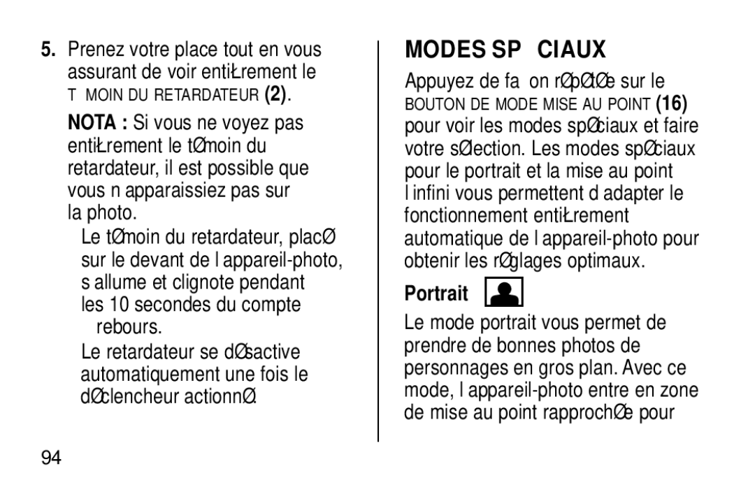 Kodak NY 14650 manual Modes SPÉ Ciaux, Rebours, Portrait 