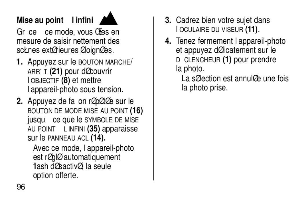 Kodak NY 14650 manual Mise au point à l’infini 