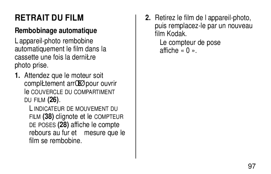 Kodak NY 14650 manual Retrait DU Film, Rembobinage automatique 