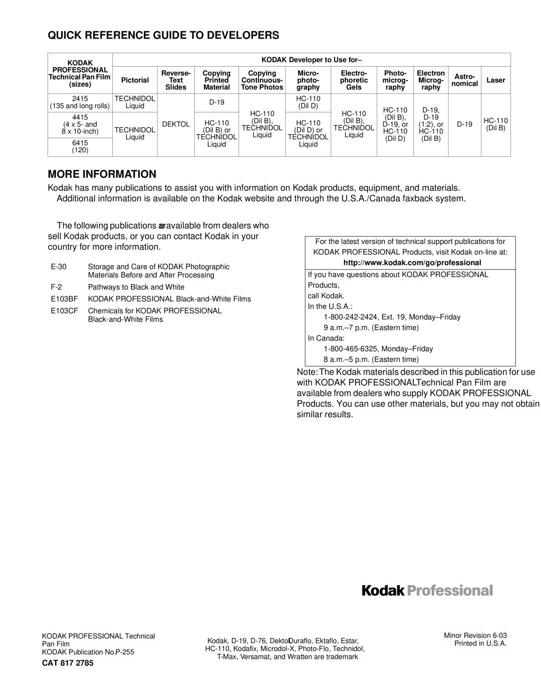 Kodak P-255 manual Quick Reference Guide to Developers, More Information, CAT 817, Kodak Developer to Use for 