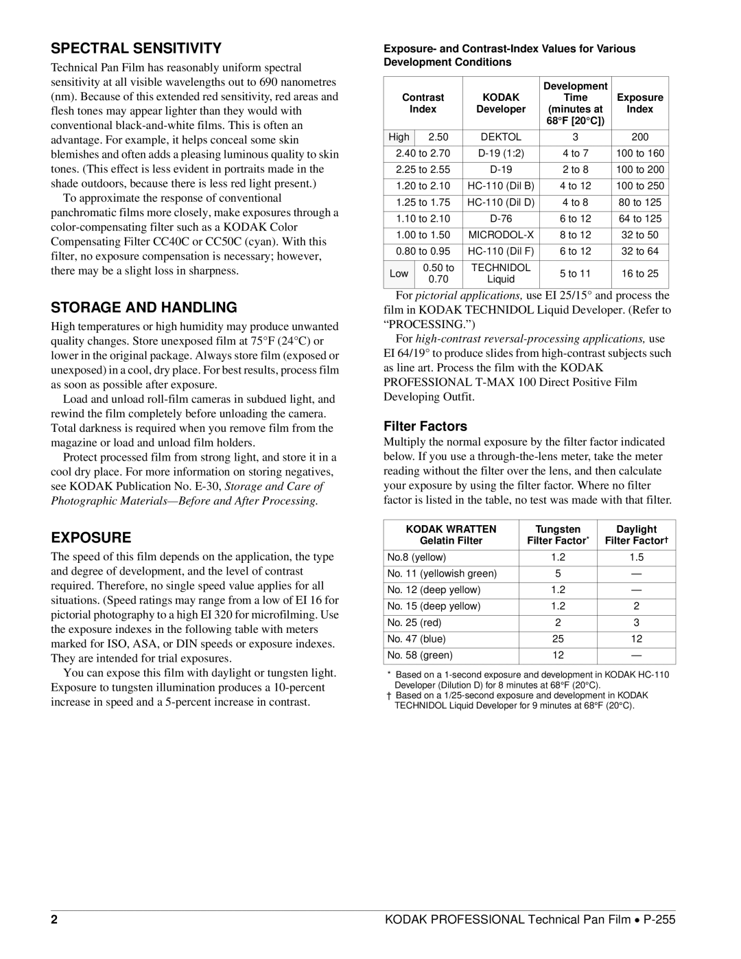 Kodak P-255 manual Spectral Sensitivity, Storage and Handling, Exposure, Filter Factors 