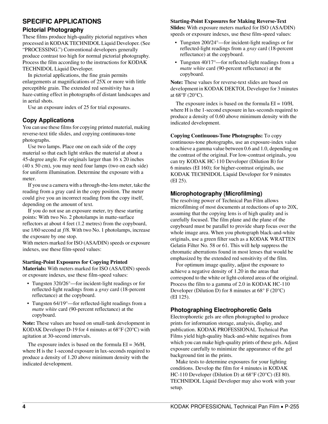 Kodak P-255 manual Specific Applications, Pictorial Photography, Copy Applications, Microphotography Microfilming 