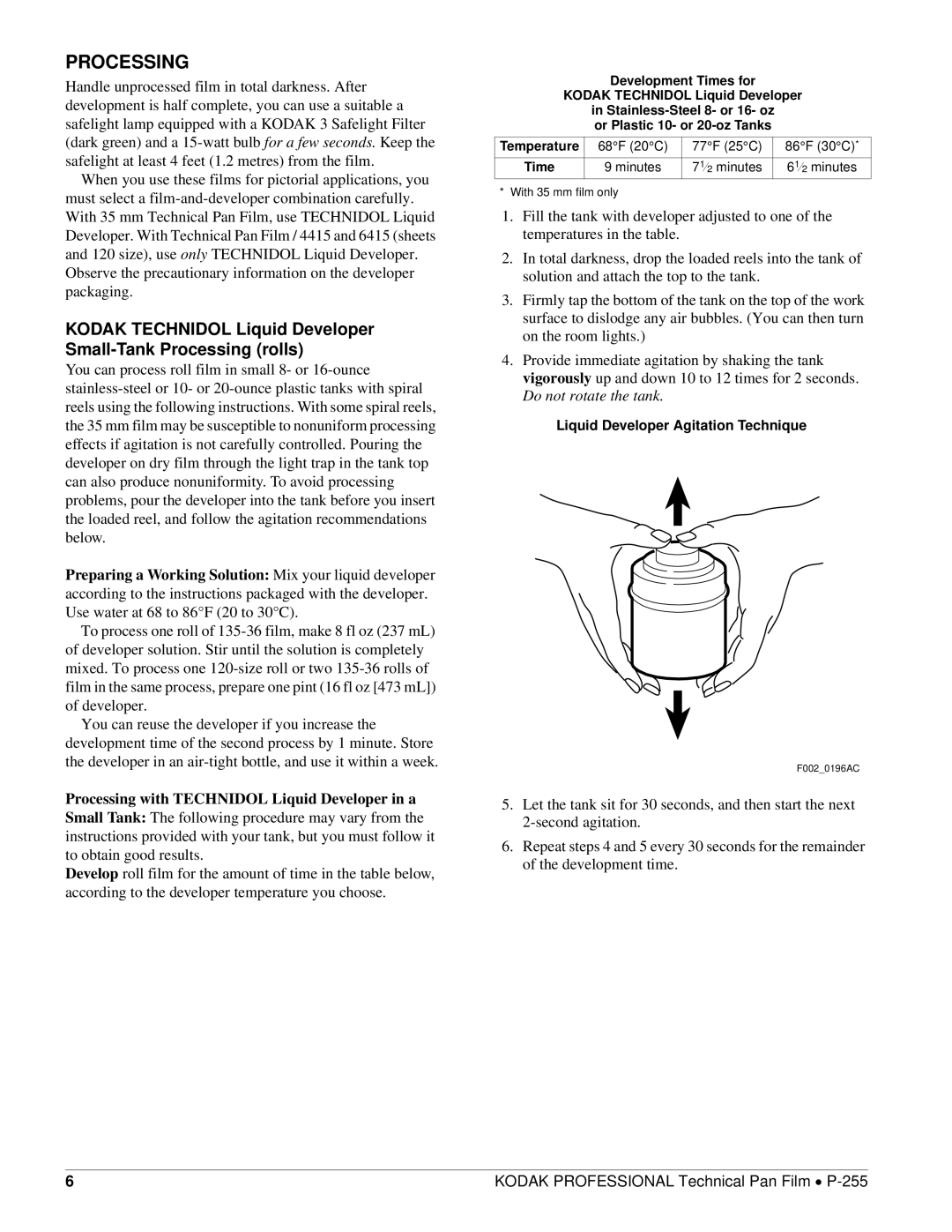 Kodak P-255 manual Processing, Liquid Developer Agitation Technique 