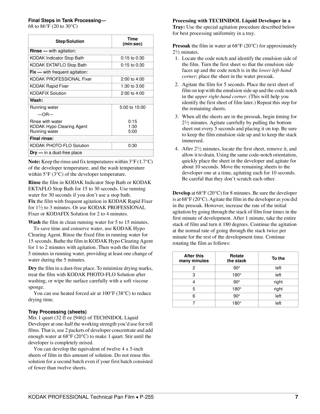 Kodak P-255 manual Tray Processing sheets, Final Steps in Tank Processing- 68 to 86F 20 to 30C 