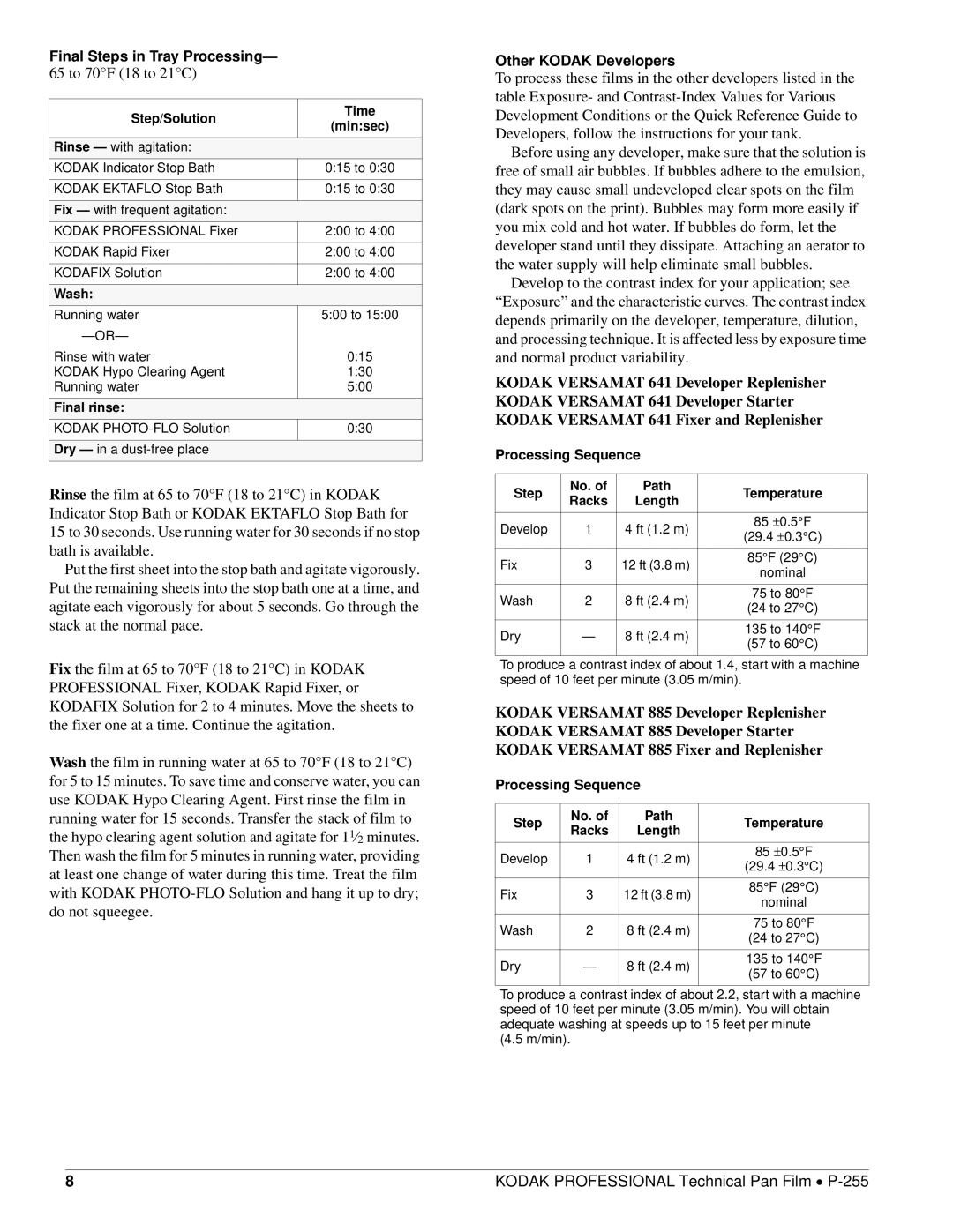 Kodak P-255 manual Other Kodak Developers, Final Steps in Tray Processing- 65 to 70F 18 to 21C, Processing Sequence 