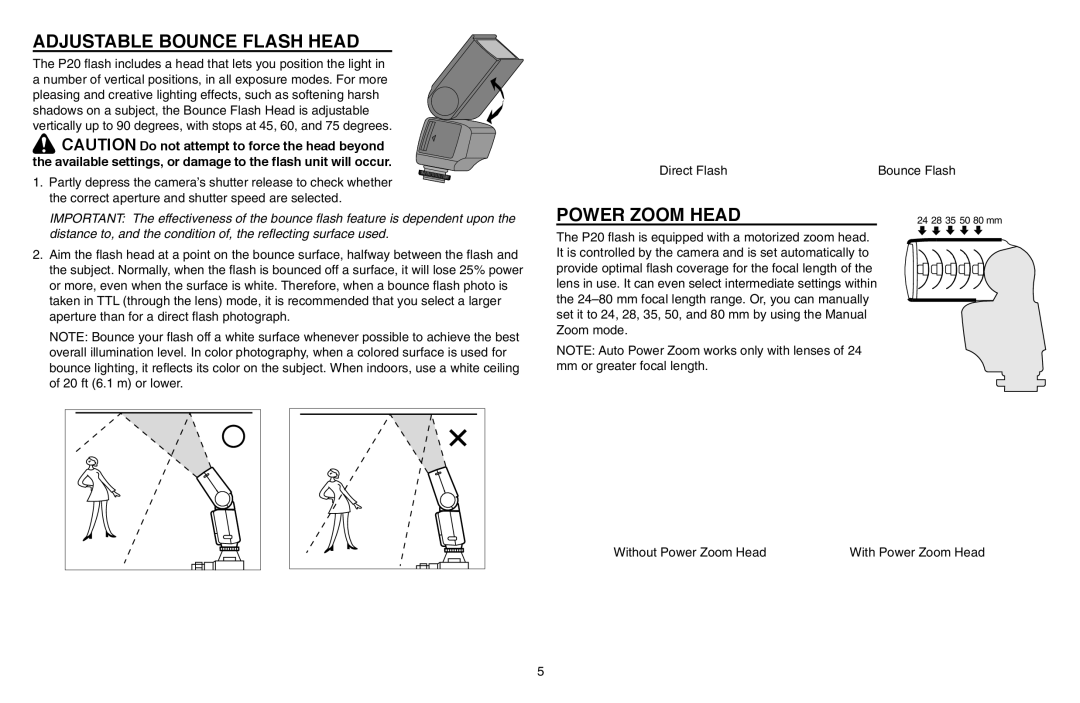 Kodak P20 manual Adjustable Bounce Flash Head, Power Zoom Head 