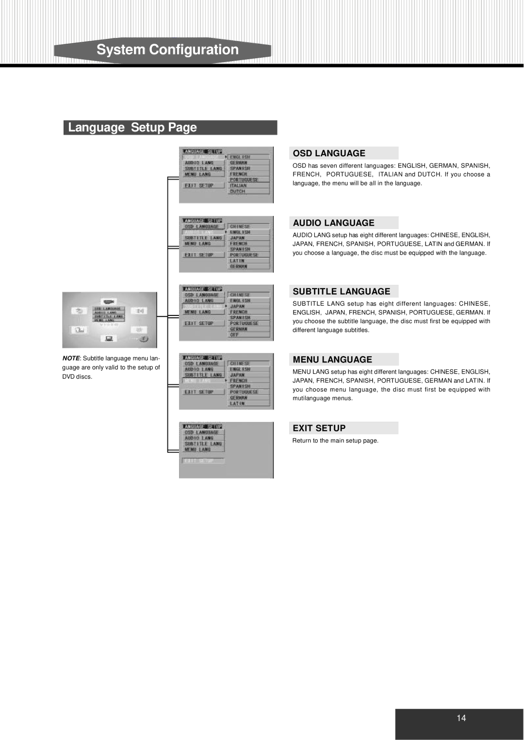 Kodak P460 manual Language Setup, OSD Language, Audio Language, Subtitle Language, Menu Language 