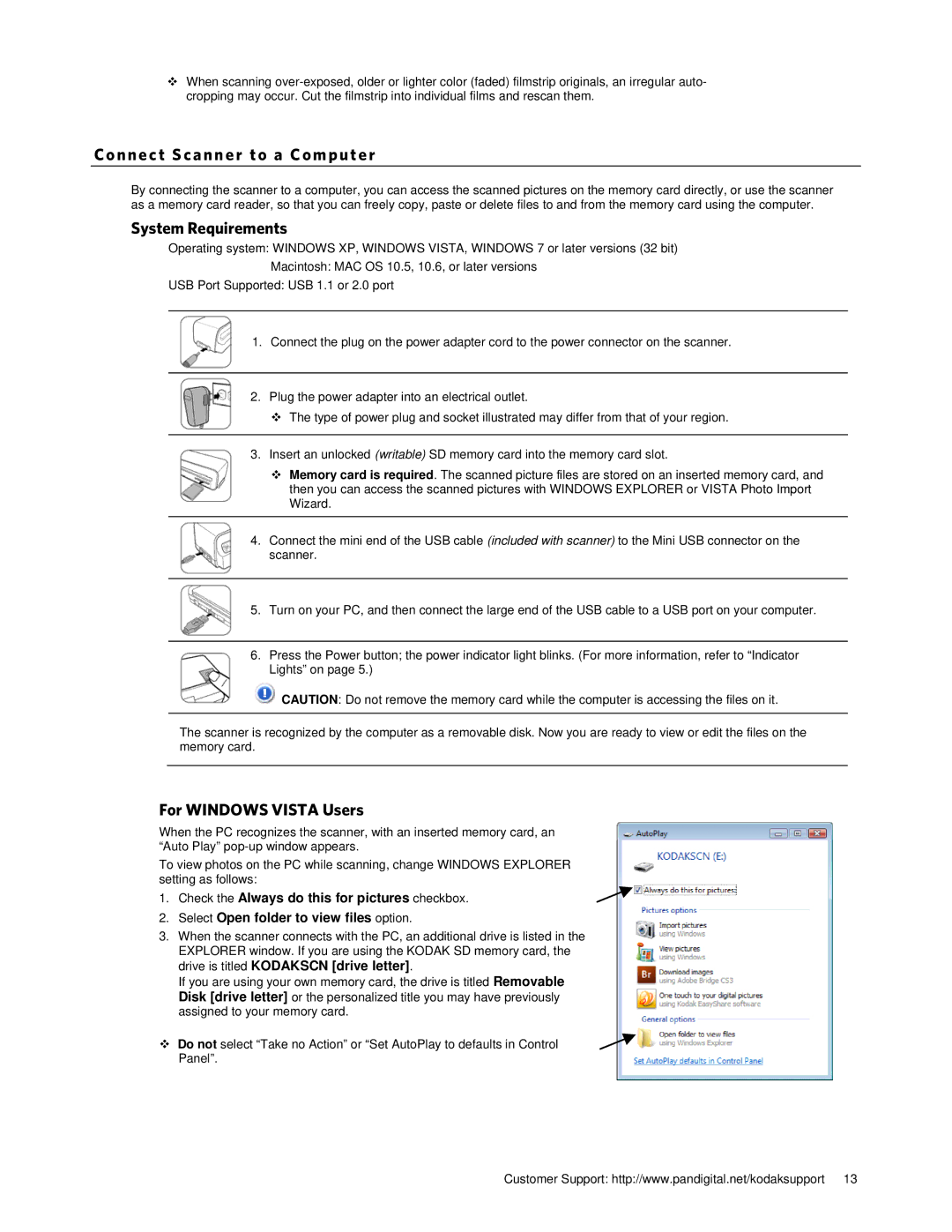 Kodak P461 manual Connec t Sca nner to a Computer, System Requirements, For Windows Vista Users 