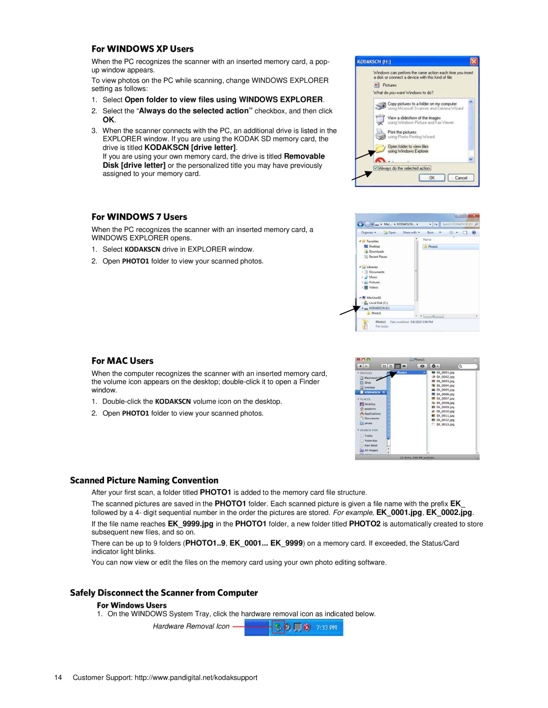 Kodak P461 manual For Windows XP Users, For Windows 7 Users, For MAC Users, Scanned Picture Naming Convention 