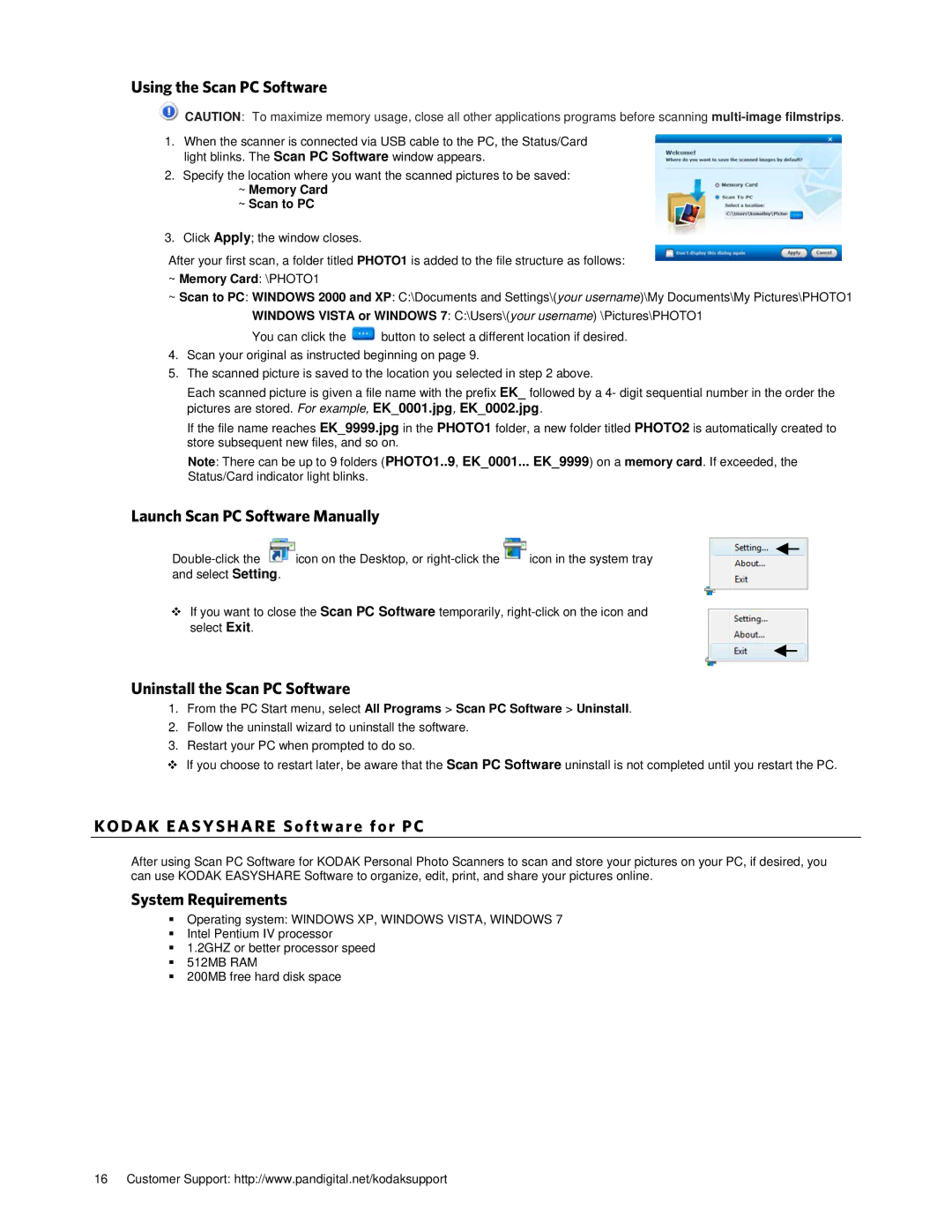 Kodak P461 manual Using the Scan PC Software, Launch Scan PC Software Manually, Uninstall the Scan PC Software 