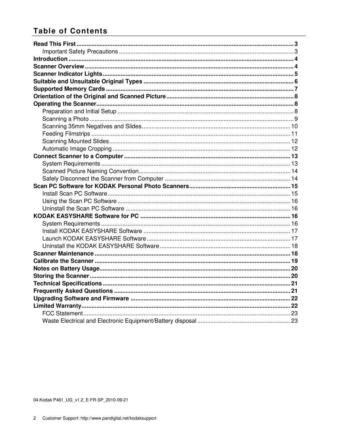 Kodak P461 manual Table of Contents 