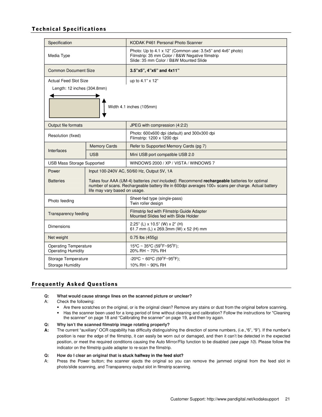 Kodak P461 manual Technical Spec ifications, Freq uently Asked Questions, 5x5, 4x6 