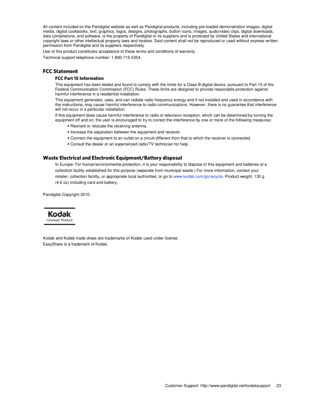 Kodak P461 manual FCC Statement, Waste Electrical and Electronic Equipment/Battery disposal, FCC Part 15 Information 