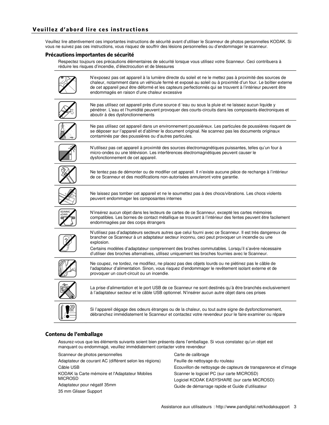 Kodak P461 manual Veui llez d’abord l i re ces instr uctions, Précautions importantes de sécurité, Contenu de l’emballage 