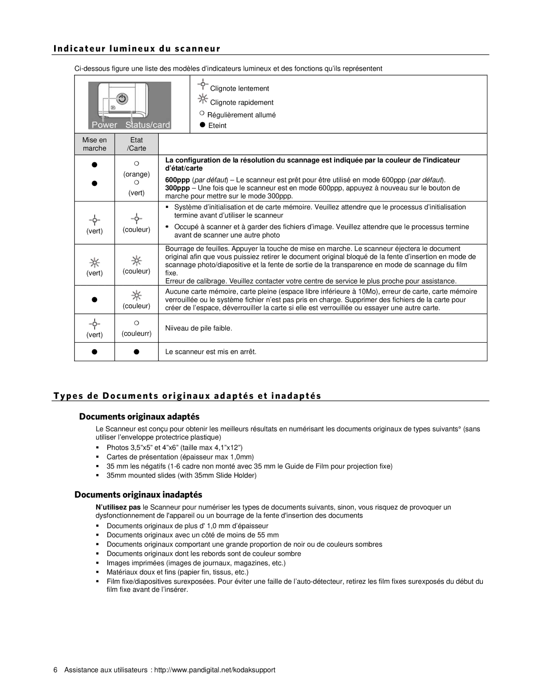 Kodak P461 manual Ndica teur lumineux du s ca nn eur, Documents originaux inadaptés, ’état/carte 