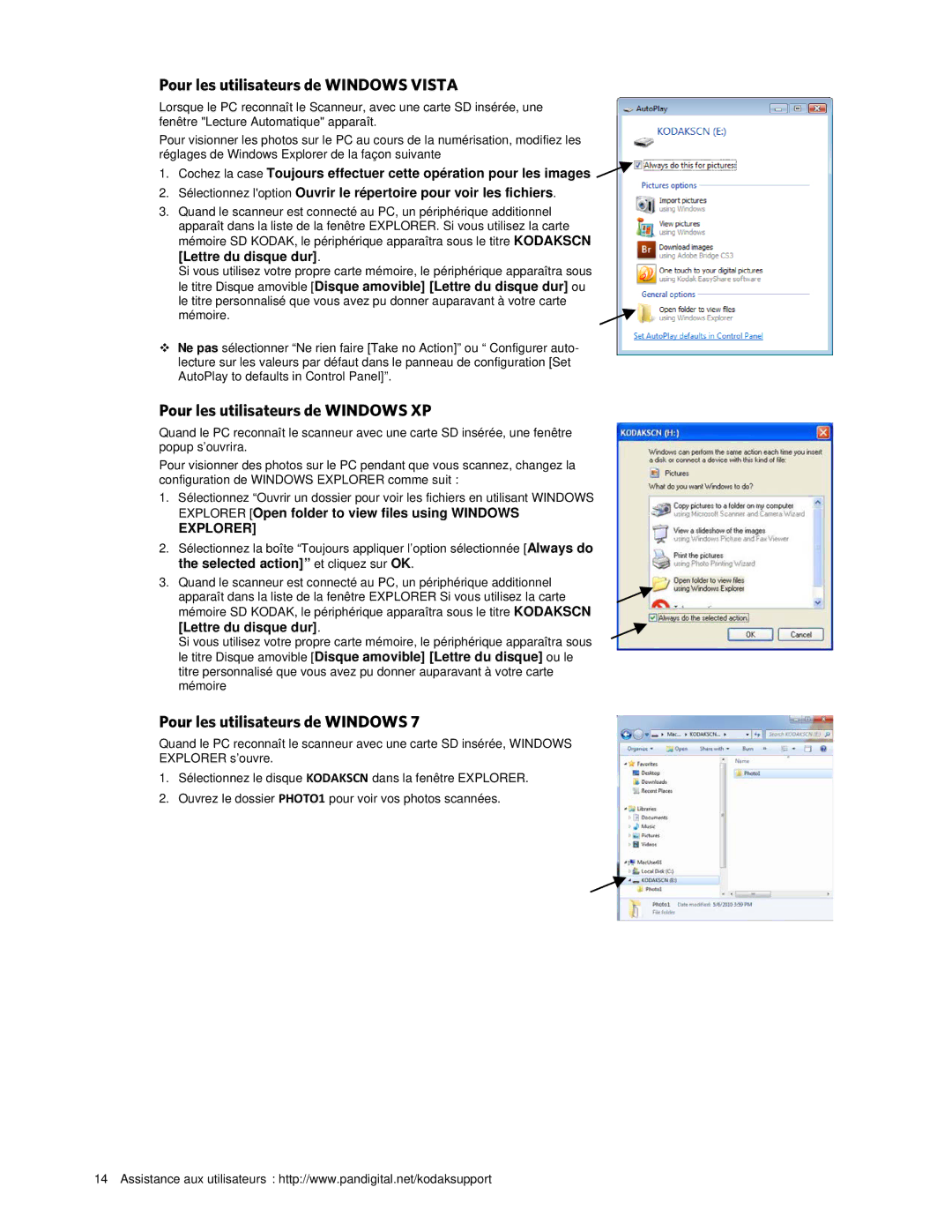 Kodak P461 manual Pour les utilisateurs de Windows Vista, Pour les utilisateurs de Windows XP, Lettre du disque dur 