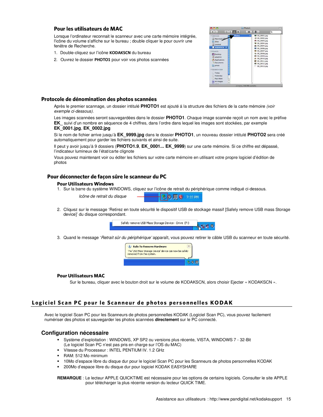 Kodak P461 manual Pour les utilisateurs de MAC, Protocole de dénomination des photos scannées, Pour Utilisateurs Windows 