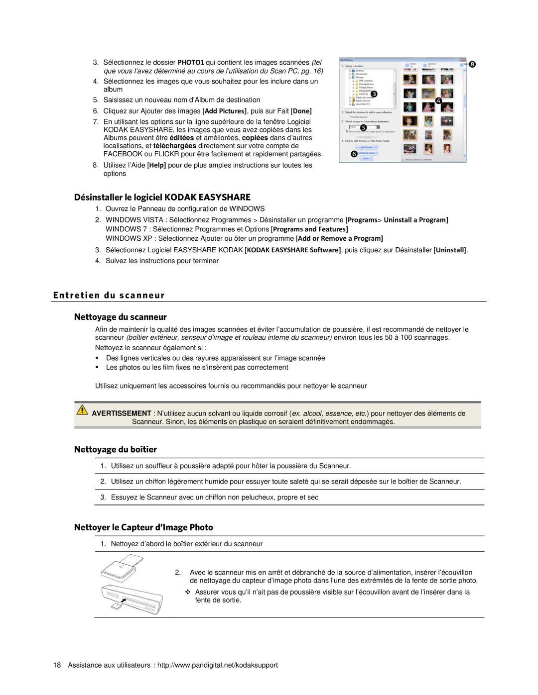 Kodak P461 Désinstaller le logiciel Kodak Easyshare, Entreti en du s ca nneur Nettoyage du scanneur, Nettoyage du boîtier 