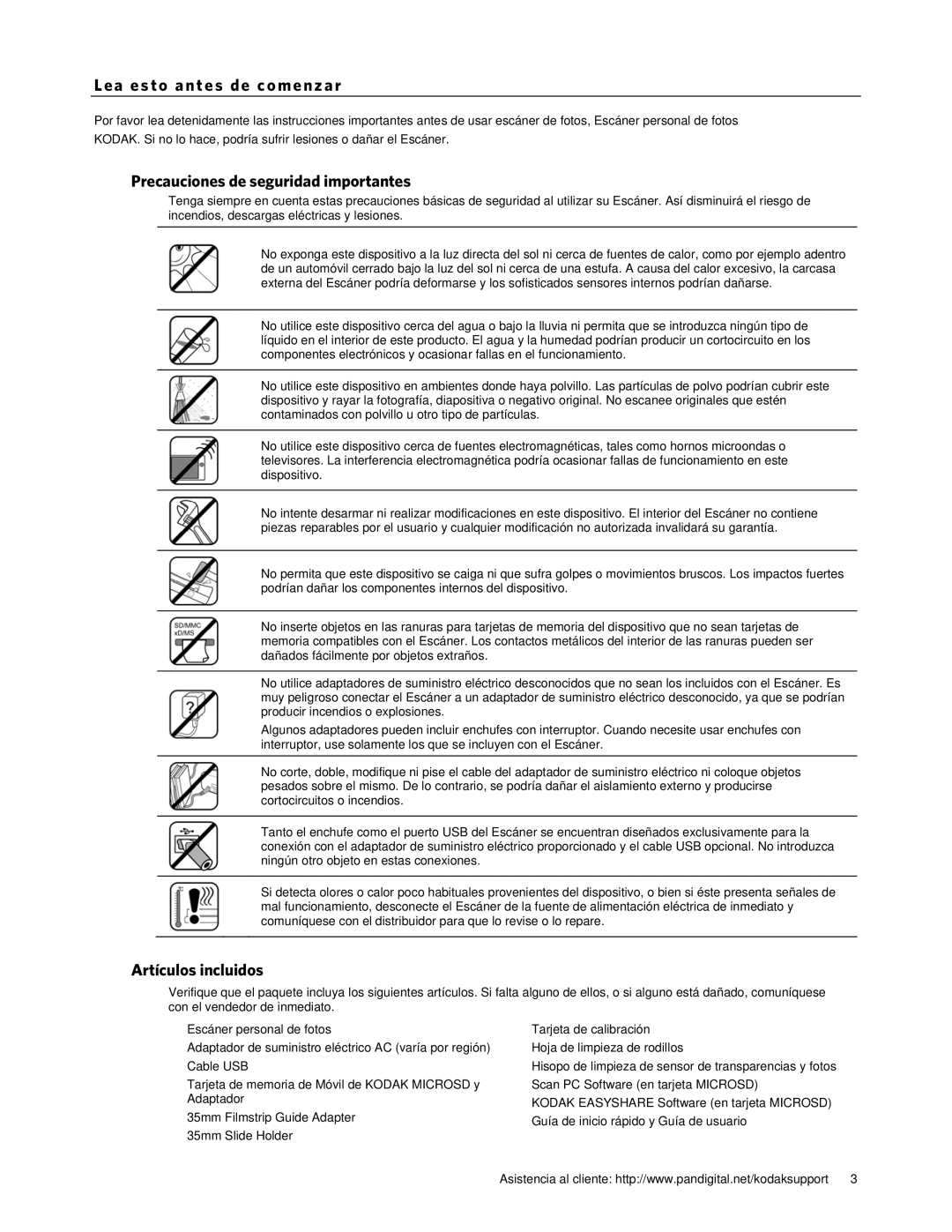 Kodak P461 manual Lea esto a ntes de co menzar, Precauciones de seguridad importantes, Artículos incluidos 