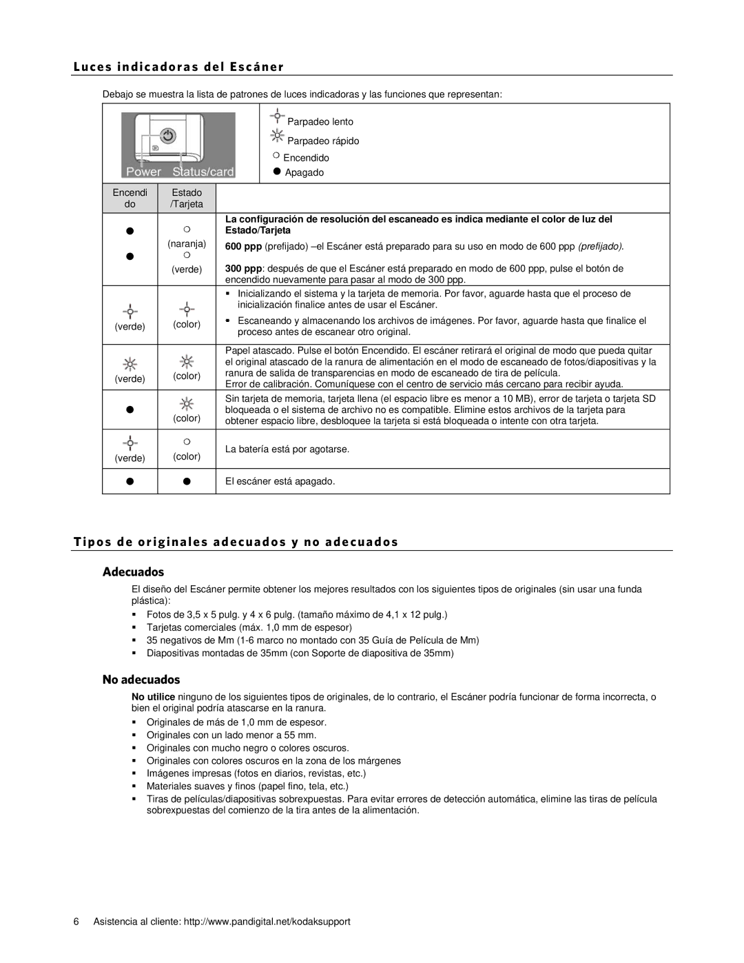 Kodak P461 manual Uces i ndica do ra s del Es cán er, No adecuados, Estado/Tarjeta 