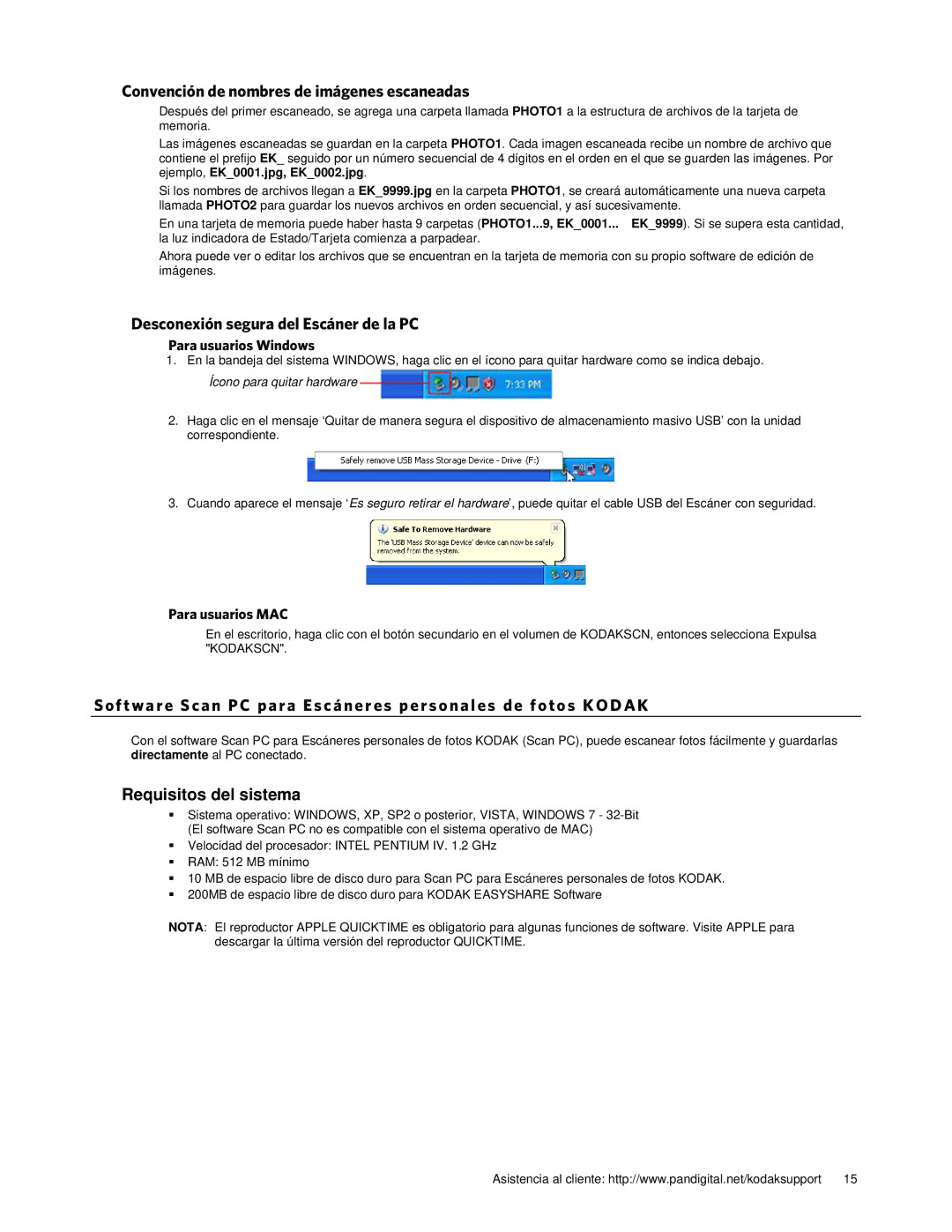 Kodak P461 Convención de nombres de imágenes escaneadas, Desconexión segura del Escáner de la PC, Para usuarios Windows 