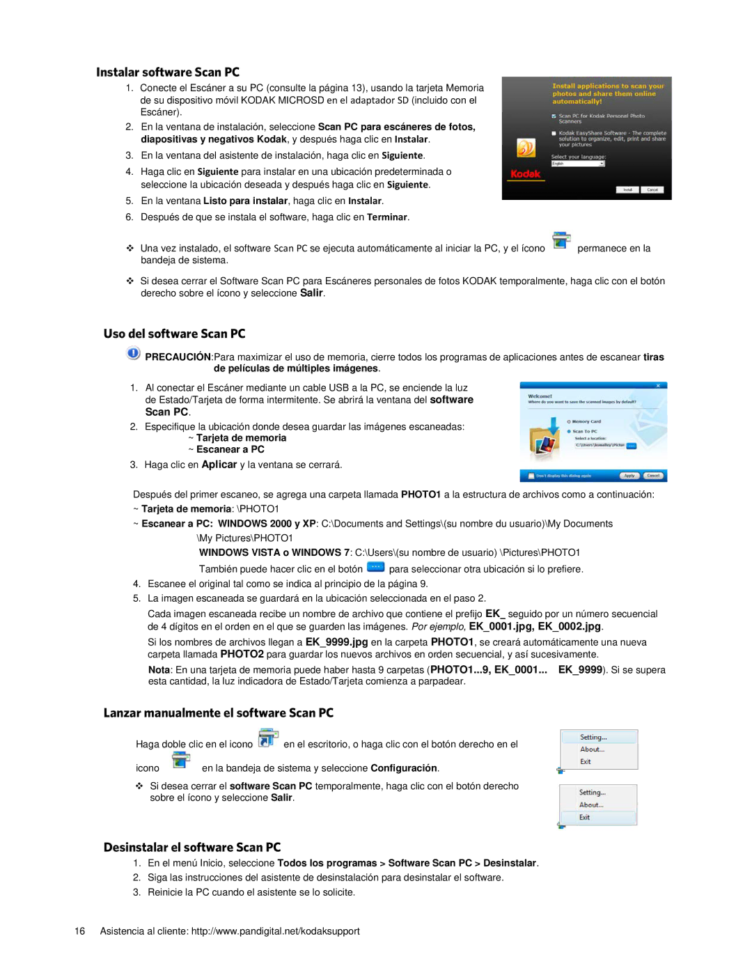 Kodak P461 Instalar software Scan PC, Uso del software Scan PC, Lanzar manualmente el software Scan PC 